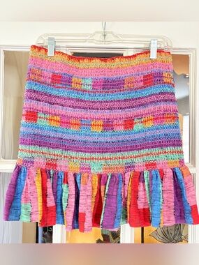 Farm Rio Striped Mini Skirt SZ L Rainbow Smocked Ruffle Linen Blend